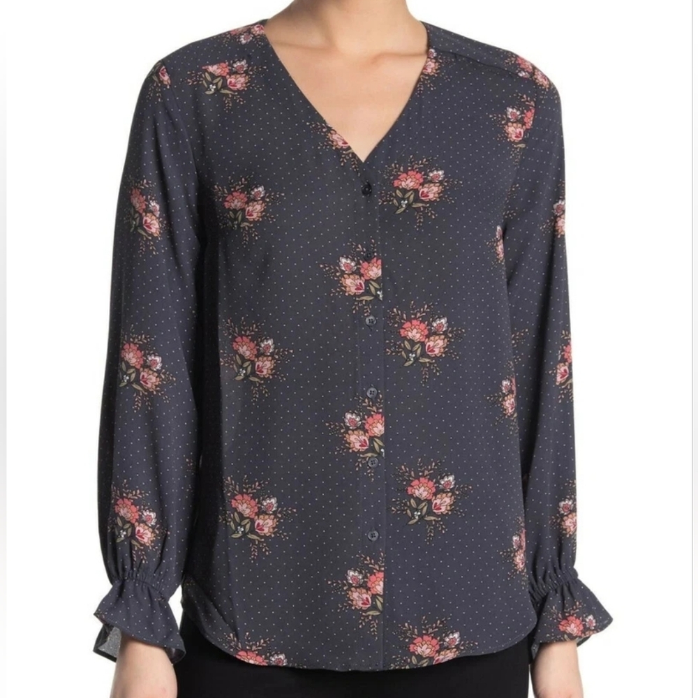 LOFT Dark Gray Floral Polka Dot Ruffle Cuff V-Neck Button-Front Blouse Top